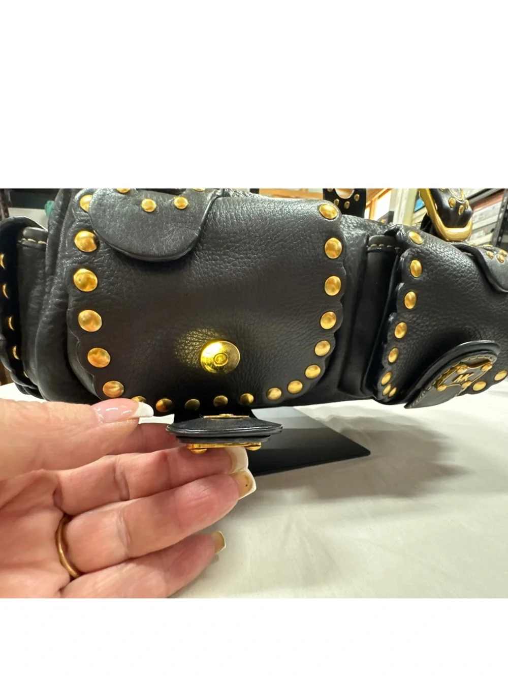 Michael Kors Black Leather Shoulder Bag with Gold Stud Accents